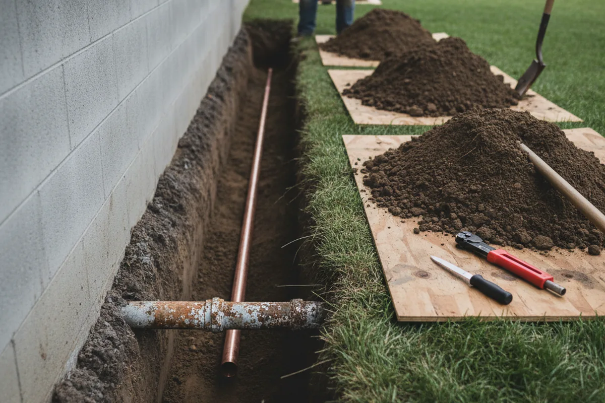 Excavated water line trench during Water Softener Installation in North Oxford